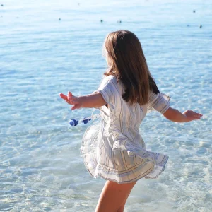 Caftan rayé lurex fille, blanc/bleu/or | BAHIA